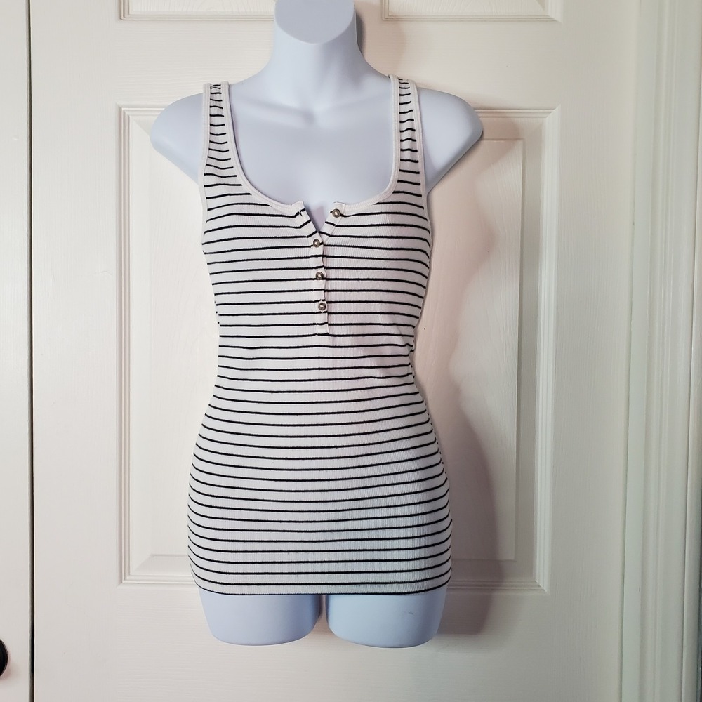 Y2K Black White Striped Tank Top Fitted Button Front Lightweight Streetwear Smal
